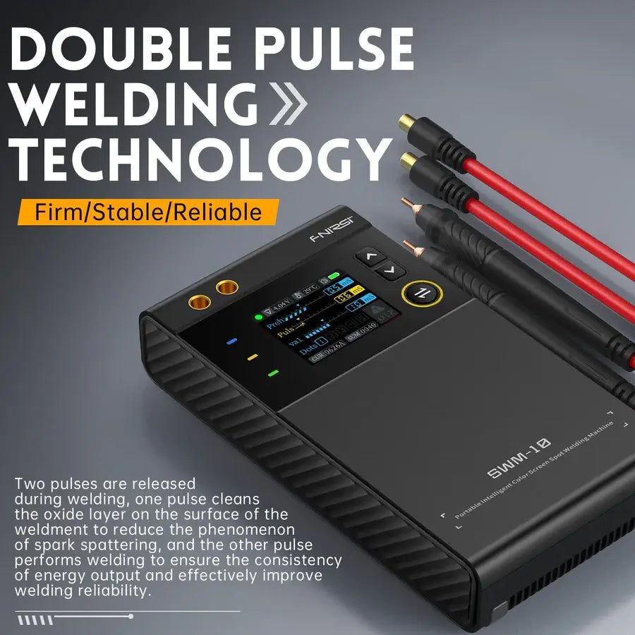 SWM-10 Handheld Spot Welder, DIY Mini Welding Machine, 5000mAh Portable Welding Machine, Weldable 0.25mm Welding Tool - with a color display showing settings, two red welding cables, and two black welding pens on a grey background.