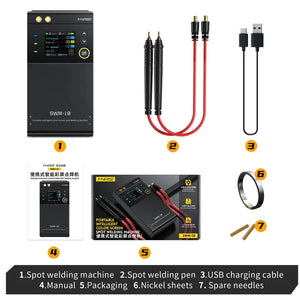 SWM-10 Handheld Spot Welder, DIY Mini Welding Machine, 5000mAh Portable Welding Machine, Weldable 0.25mm Welding Tool - the black unit with a color display, welding pens, USB cable, manual, packaging box, nickel sheets, and spare needles.