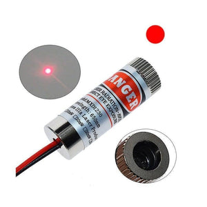 SYD1230 Dot Type Laser Diode Module - a silver cylindrical laser with a red wire, a red laser dot, and a close-up view of the lens aperture.