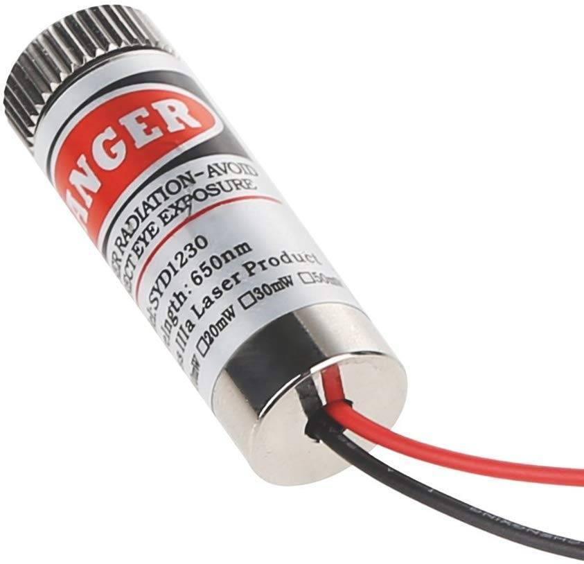 SYD1230 Dot Type Laser Diode Module - a cylindrical silver metal laser component with a red and black wire and a warning label.
