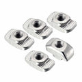 T Nuts | Slot Nuts | Aluminium 20XM5 - a collection of five silver, rectangular metal nuts with threaded holes and ribbed edges on a white background.