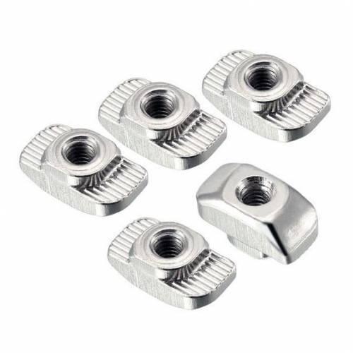 T Nuts | Slot Nuts | Aluminium 20XM5 - a collection of five silver, rectangular metal nuts with threaded holes and ribbed edges on a white background.