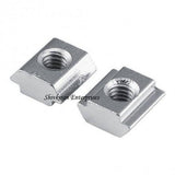 T-nuts T slot Nut 20X5M - two silver-coloured metal T-slot nuts with threaded holes, positioned side-by-side on a white background.