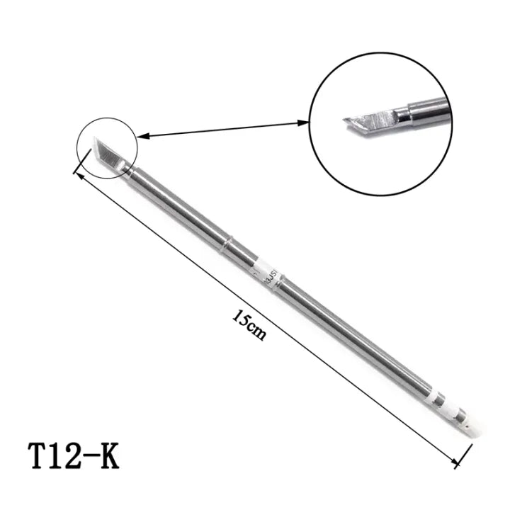 T12 k Type Solder Iron Tips for Hakko FX951 BAKON 950D And T12 Soldering Station - a silver metal rod with a knife-edge tip, shown with a close-up circle and a dimension line indicating a length of 15cm.