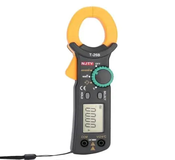T26B Digital Clamp Multimeter - grey body with yellow jaw, green selector ring and wrist strap