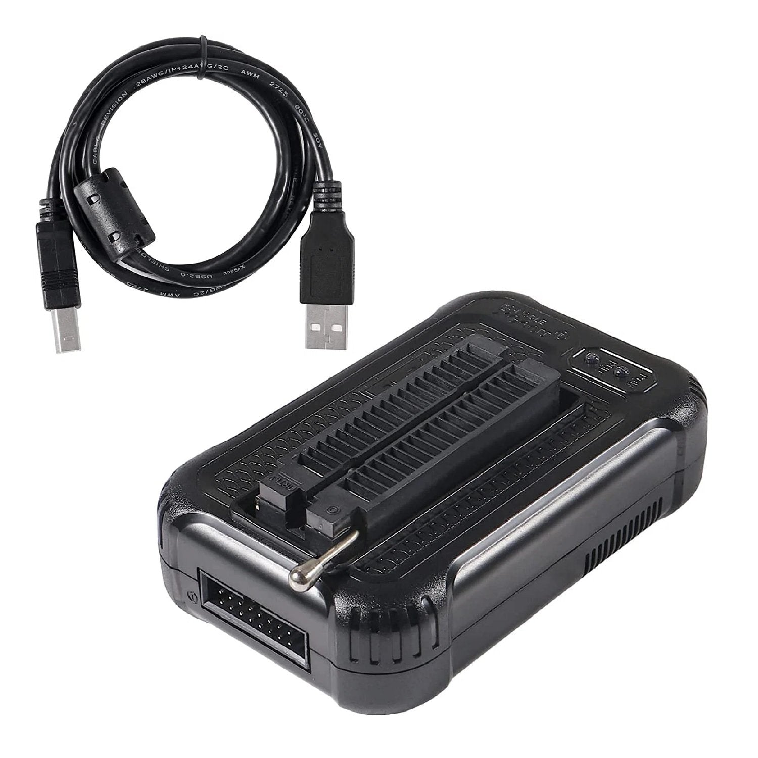 T48 Universal Programmer (TL866-3g) Programmer Support 34600+ Ics For SPI/nor/nand Flash Bios MCU EEPROM Avr Pic+3 Parts Replace TL866II TL866CS - a black device with a ZIF socket, a metal lever, a front-facing pin header, and an included USB cable.