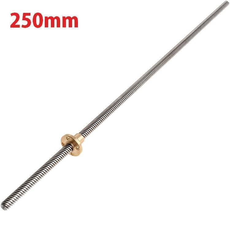 T8 250MMX8MM Screw Threaded Rod With Brass Nut - a long, silver-coloured metal threaded rod with a circular brass nut attached.