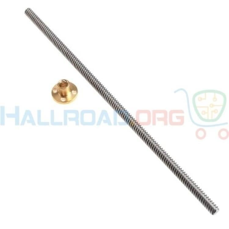 T8 250MMX8MM Screw Threaded Rod With Brass Nut - shown as a long silver metal threaded rod next to a small circular brass nut with mounting holes.