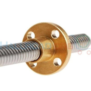 T8 250MMX8MM Screw Threaded Rod With Brass Nut - a close-up of a silver-coloured threaded metal rod inserted through a circular brass nut.