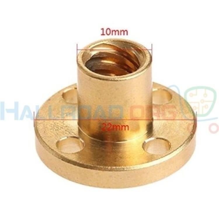 T8 250MMX8MM Screw Threaded Rod With Brass Nut - close-up of the gold-colored cylindrical brass nut with a flanged base and four mounting holes.