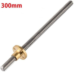 T8 300MMX8MM Screw Threaded Rod With Brass Nut - a silver-colored metal threaded rod with a brass nut attached, labeled with "300mm" in red text.