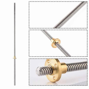 T8 300MMX8MM Screw Threaded Rod With Brass Nut - shown as a long silver metal rod with a brass nut in a full view and two close-up detail shots.