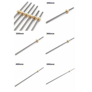 T8 300MMX8MM Screw Threaded Rod With Brass Nut - a collection of metallic threaded rods with brass nuts in various lengths labeled 200mm to 500mm.