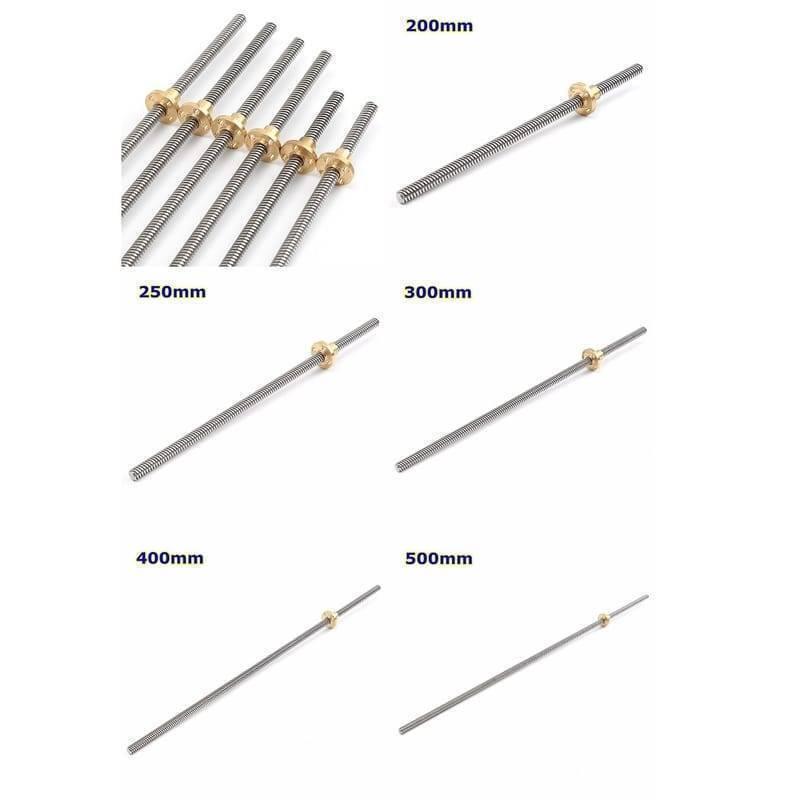 T8 300MMX8MM Screw Threaded Rod With Brass Nut - a collection of metallic threaded rods with brass nuts in various lengths labeled 200mm to 500mm.