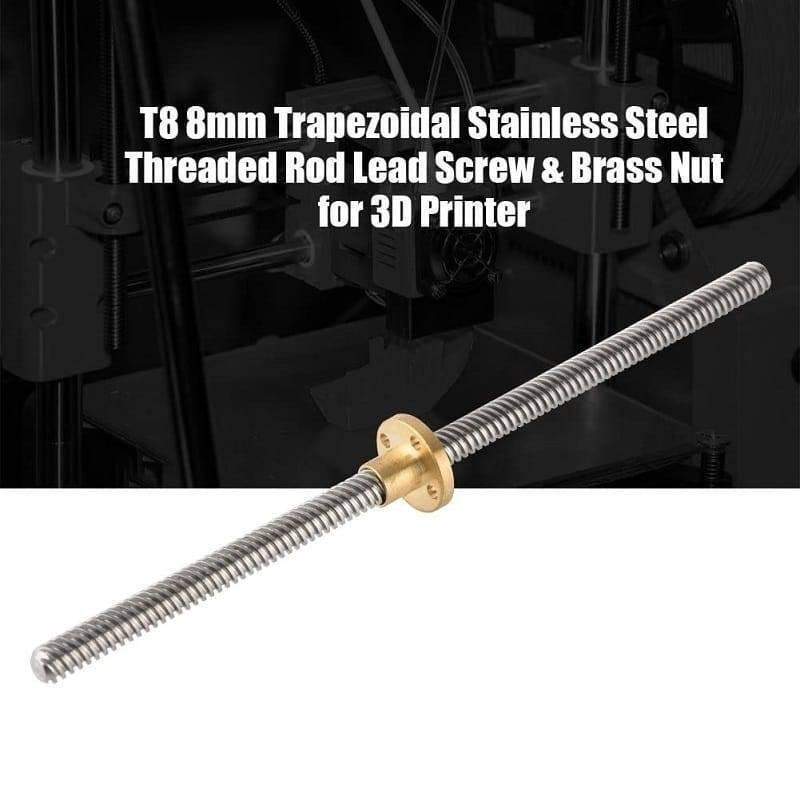 T8 300MMX8MM Screw Threaded Rod With Brass Nut - Trapezoidal Stainless Steel Threaded Rod Lead Screw & Brass Nut, showing a silver metal rod with a spiral thread and a circular brass nut.