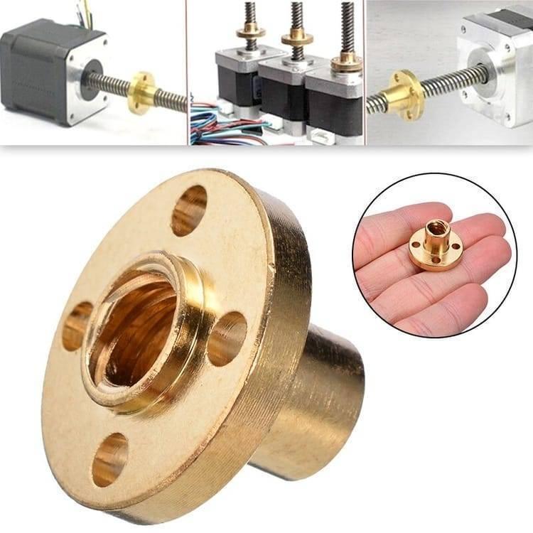T8 300MMX8MM Screw Threaded Rod With Brass Nut - shown as a close-up of a gold-colored brass nut and several stepper motors with attached threaded rods.