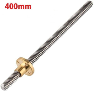 T8 400MMX8MM Screw Threaded Rod With Brass Nut - a silver metal lead screw with a brass nut attached, with the text 400mm visible in the corner.