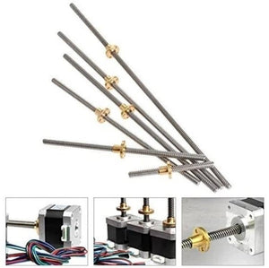 T8 400MMX8MM Screw Threaded Rod With Brass Nut - shown as a collection of silver threaded rods with brass nuts and close-up views attached to motors.