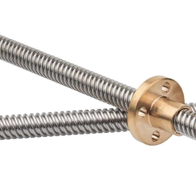 T8 400MMX8MM Screw Threaded Rod With Brass Nut - a silver metal lead screw with a threaded brass nut attached to it.