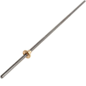 T8 400MMX8MM Screw Threaded Rod With Brass Nut - a long, silver-coloured metal threaded rod with a gold-coloured brass nut attached to it.