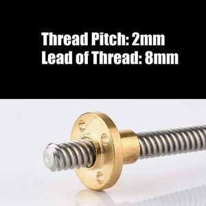T8 400MMX8MM Screw Threaded Rod With Brass Nut - a close-up of the threaded metal rod and brass nut with text displaying thread pitch and lead.