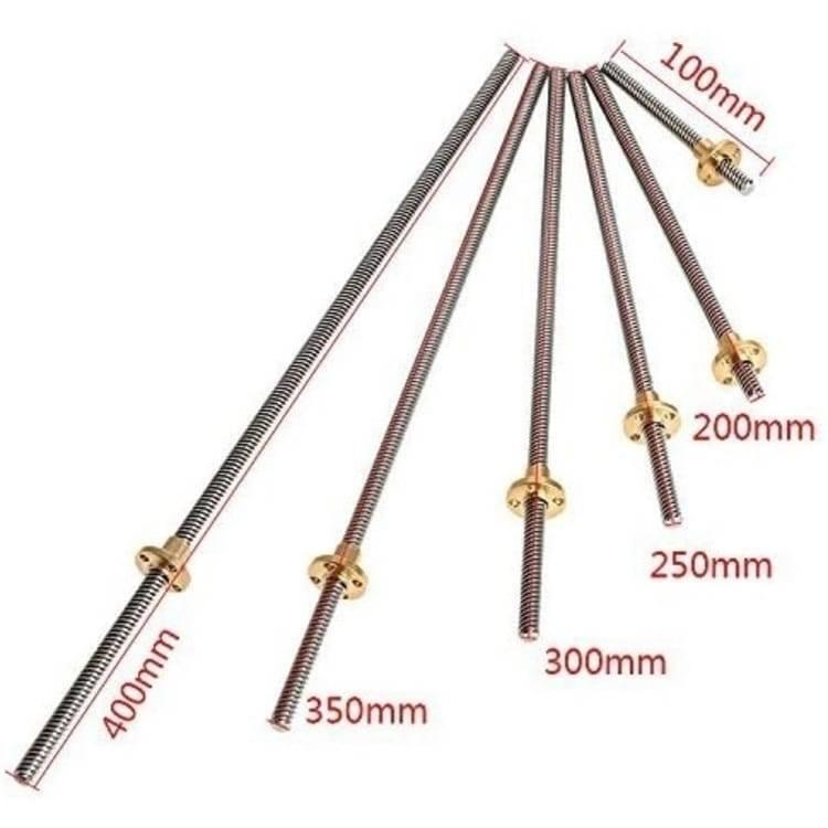 T8 400MMX8MM Screw Threaded Rod With Brass Nut - shown in a group of five different lengths with brass nuts and corresponding length labels.
