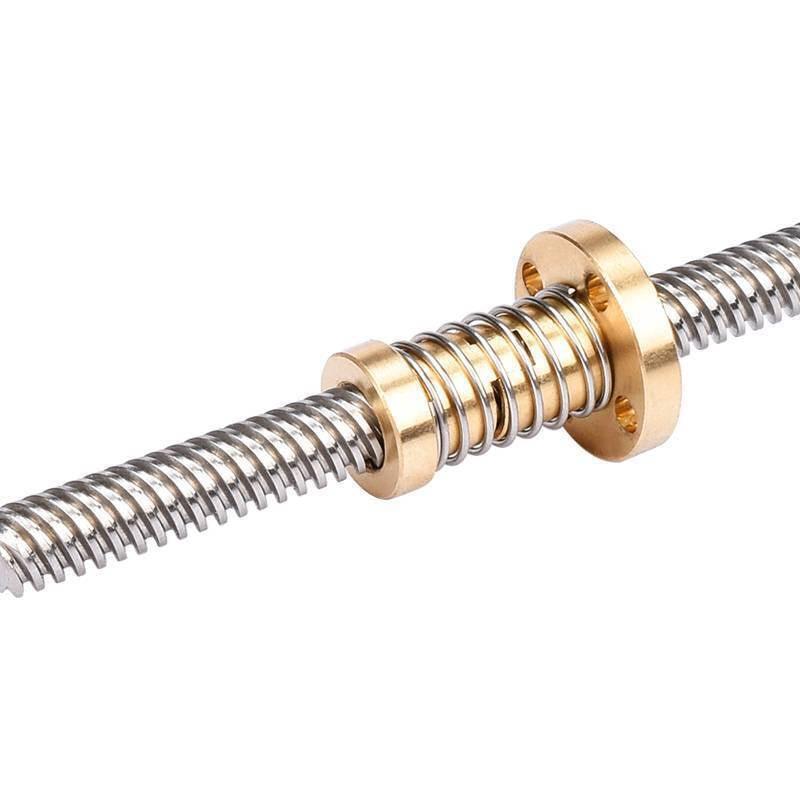 T8 Anti Backlash Spring Loaded Nut For CNC 8mm Threaded Rod Lead Screw - a metallic threaded rod with a brass nut and a silver spring.
