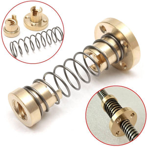 T8 Anti Backlash Spring Loaded Nut For CNC 8mm Threaded Rod Lead Screw - two brass nut components, a spring, and an assembled view on a lead screw.