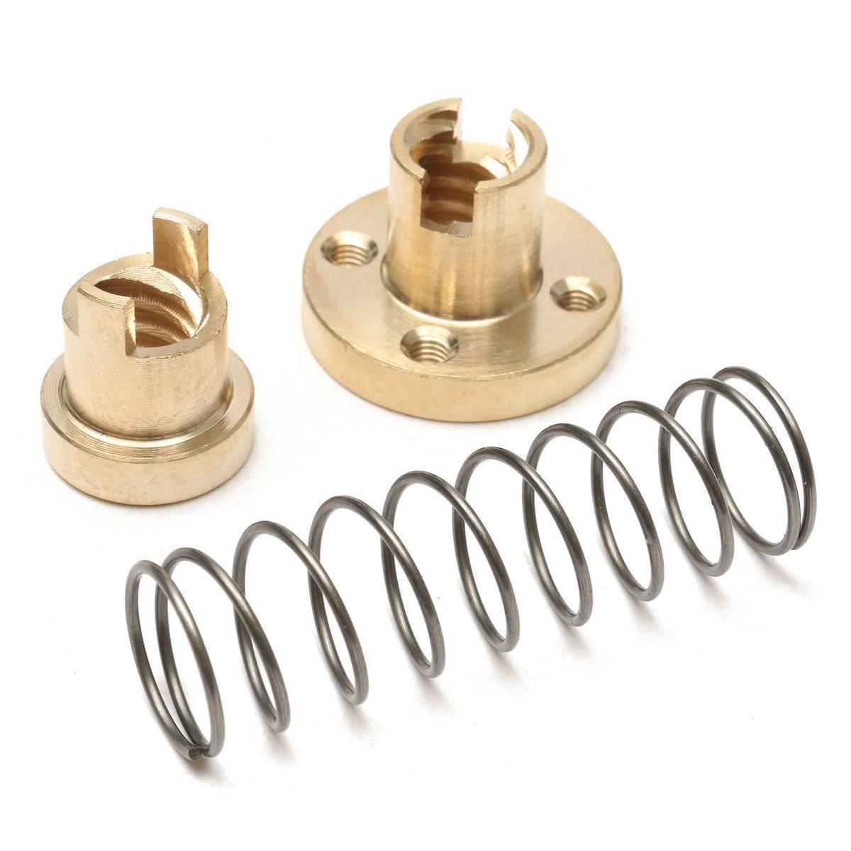T8 Anti Backlash Spring Loaded Nut For CNC 8mm Threaded Rod Lead Screw - two brass threaded nut components and one coiled metal spring on a white background.