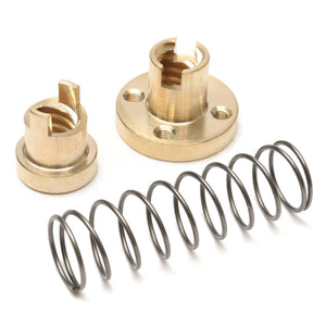 T8 Anti Backlash Spring Loaded Nut For CNC 8mm Threaded Rod Lead Screw - two brass threaded nut components and one coiled metal spring on a white background.