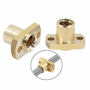 T8 Nut Pitch Lead 8mm Brass T8X8MM Flange Lead Screw Nut - two brass flanged nuts and an inset image of one mounted on a threaded lead screw.