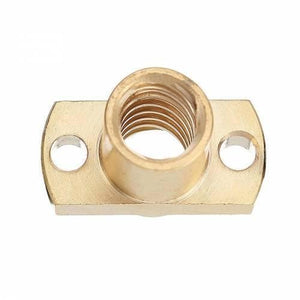 T8 Nut Pitch Lead 8mm Brass T8X8MM Flange Lead Screw Nut - a close-up of a gold-colored brass flange nut with a central threaded hole and two sides.
