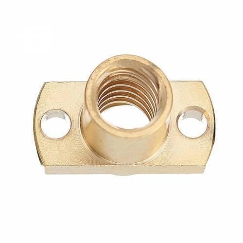 T8 Nut Pitch Lead 8mm Brass T8X8MM Flange Lead Screw Nut - a close-up of a gold-colored brass flange nut with a central threaded hole and two sides.