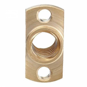 T8 Nut Pitch Lead 8mm Brass T8X8MM Flange Lead Screw Nut - a close-up of a rectangular brass flange nut with a central threaded hole and two mounting holes.