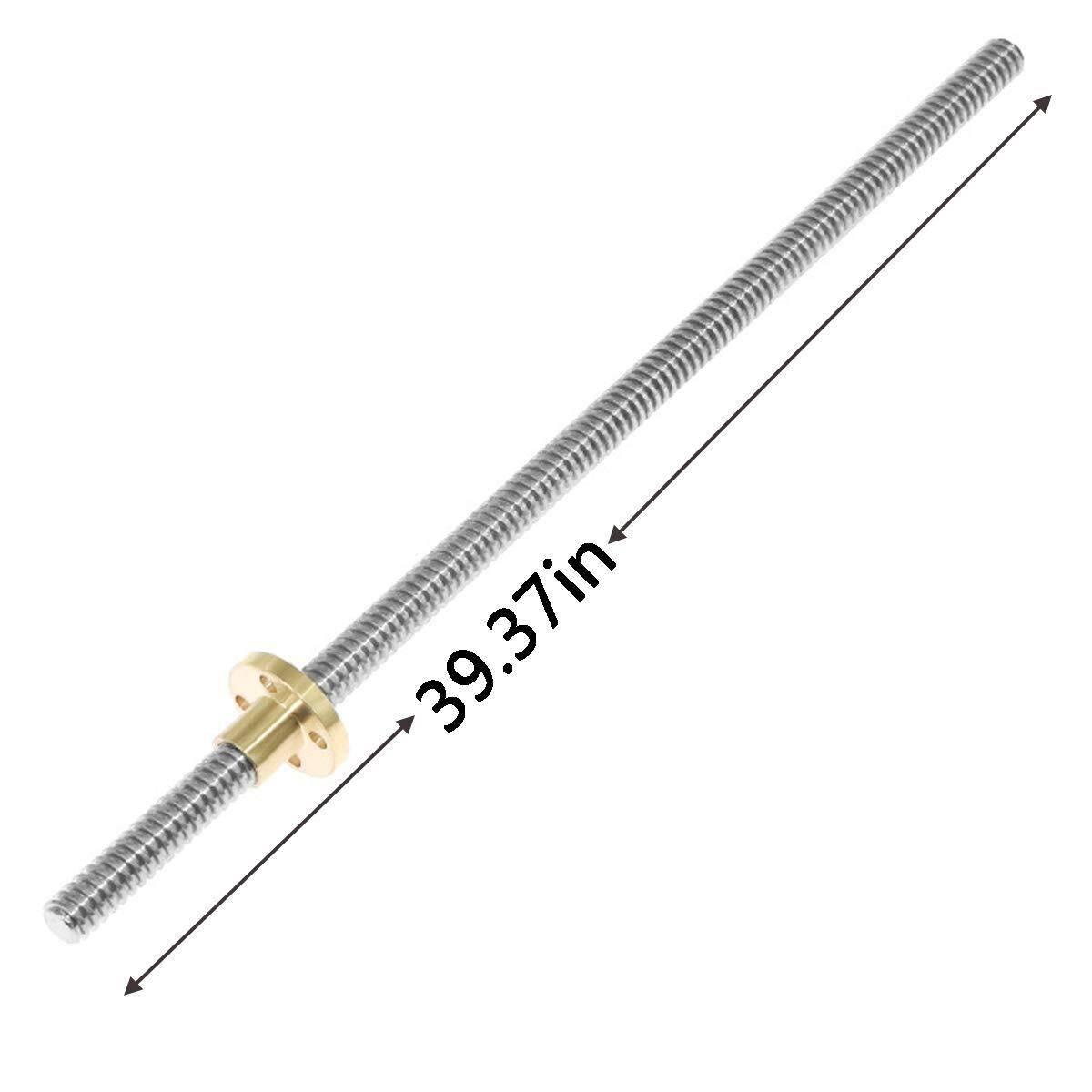 T8 T8X2 Lead Screw 1000mm 8mm Pitch 2mm Lead 2mm Stainless Steel Lead Screw Rod With Copper Nut Acme Thread For 3d Printer And CNC Machine z Axis - a long silver threaded stainless steel rod with a brass nut, shown with a dimension arrow indicating a length of 39.37 inches.