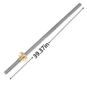 T8 T8X2 Lead Screw 1000mm 8mm Pitch 2mm Lead 2mm Stainless Steel Lead Screw Rod With Copper Nut Acme Thread For 3d Printer And CNC Machine z Axis - a long silver threaded stainless steel rod with a brass nut, shown with a dimension arrow indicating a length of 39.37 inches.