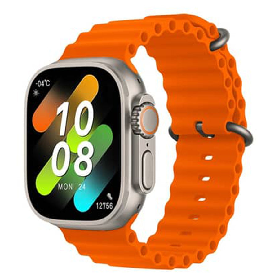 T900 Ultra 2 smart watch with 2.19 big display Vital b - with an orange silicone strap, featuring a silver rectangular case and a digital display showing 10:08, MON 24, and 12756.
