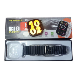 T900 Ultra 2 smart watch with 2.19 big display Vital b - a black watch with a 2.19 display, a black strap, and a wireless charger in the box.