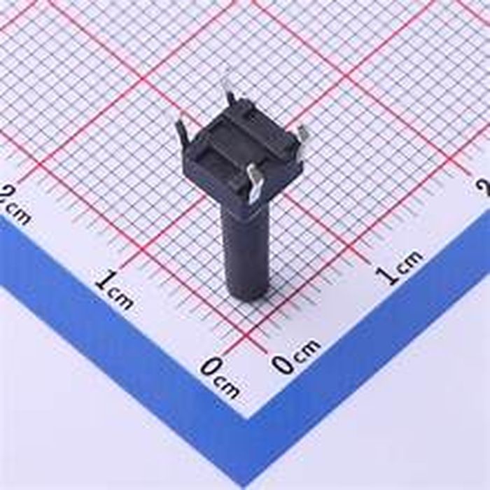 Tactile Switch 6x6x17mm - shown as a black, square-topped push-button component with four metal pins, positioned on a grid background for scale.