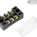 TB-1503L - 3 Terminal 600V 15A 3P Terminal Block Connector - a black three-position terminal block with metal screws and a clear plastic cover.