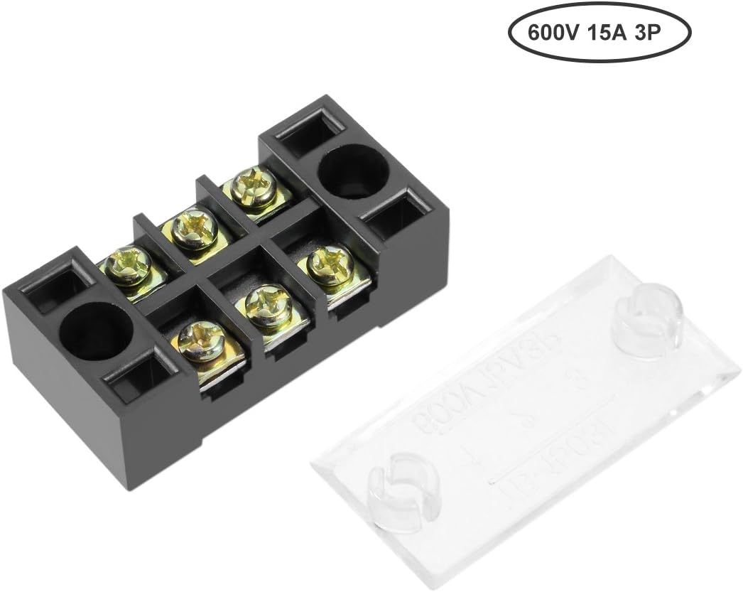 TB-1503L - 3 Terminal 600V 15A 3P Terminal Block Connector - a black three-position terminal block with metal screws and a clear plastic cover.