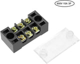 TB-1503L - 3 Terminal 600V 15A 3P Terminal Block Connector - a black three-position terminal block with metal screws and a clear plastic cover.