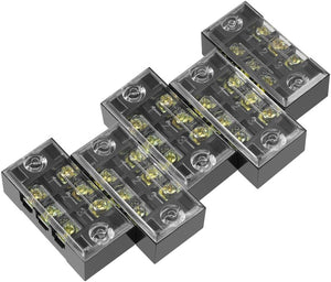 TB-1503L - 3 Terminal 600V 15A 3P Terminal Block Connector - four black plastic terminal blocks with clear covers and gold-colored screw terminals.