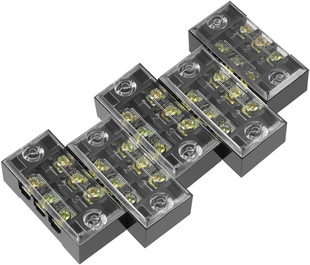 TB-1503L - 3 Terminal 600V 15A 3P Terminal Block Connector - four black plastic terminal blocks with clear covers and gold-colored screw terminals.