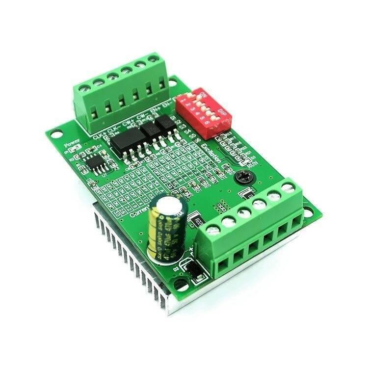 TB6560 3A Stepper Motor Driver Module CNC Single Axis Controller Module - a green circuit board with a red 6-pin DIP switch, screw terminal blocks, and a cylindrical capacitor.