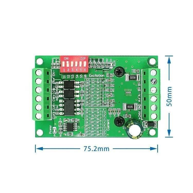 TB6560 3A Stepper Motor Driver Module CNC Single Axis Controller Module - a green rectangular circuit board with a six-switch DIP, screw terminals, and a printed excitation current table.