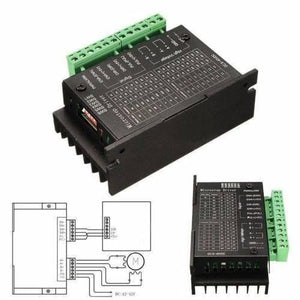 TB6600 Stepper Motor Driver - shown in two black units with green terminal blocks, a heat sink, DIP switches, and a wiring diagram schematic.