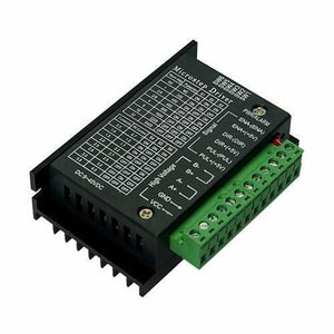 TB6600 Stepper Motor Driver - a black rectangular module with a green screw terminal block, heat sink fins, and a printed microstep and current chart.