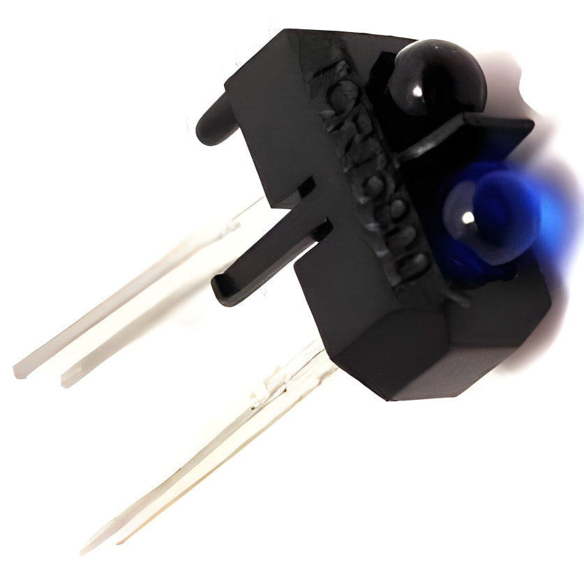 TCRT5000 Reflective IR Sensor - a black plastic housing with a blue LED and a black infrared emitter, featuring four metal connection pins.