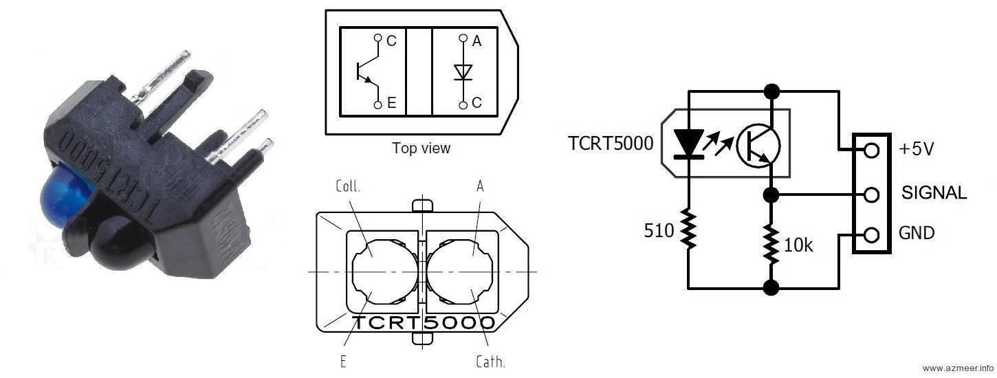 TCRT5000 Reflective IR Sensor - shown with a black plastic housing, blue and black lenses, pinout diagrams, and a circuit schematic with a 10k resistor.